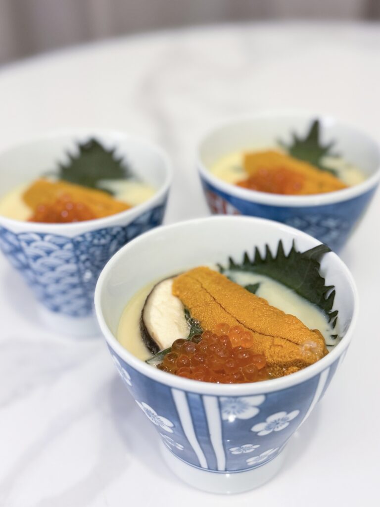 Chawanmushi (Japanese Egg Custard) with Sea Urchin and Salmon Roe